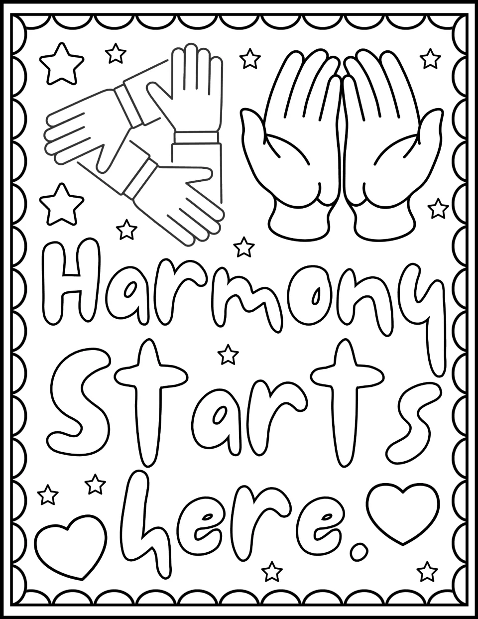 Harmony Week coloring sheet reading 'Harmony Starts Here,' with three linked hands and two touching palms