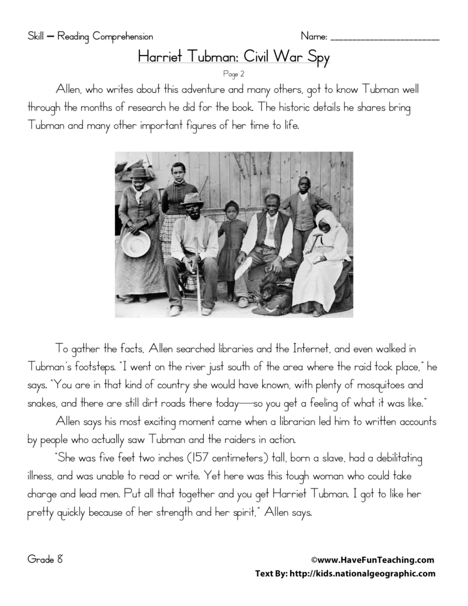 Tubman passage continued: students read how writer Tom Allen researched her life, including walking in her footsteps