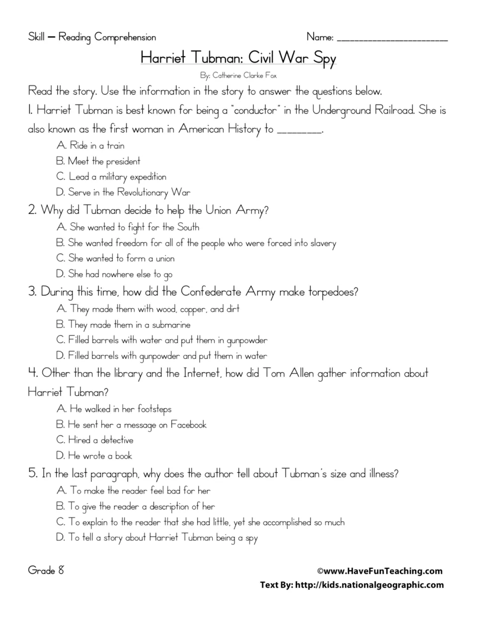 Tubman comprehension questions: students answer 5 multiple-choice items on her spy work, the raid and author's purpose