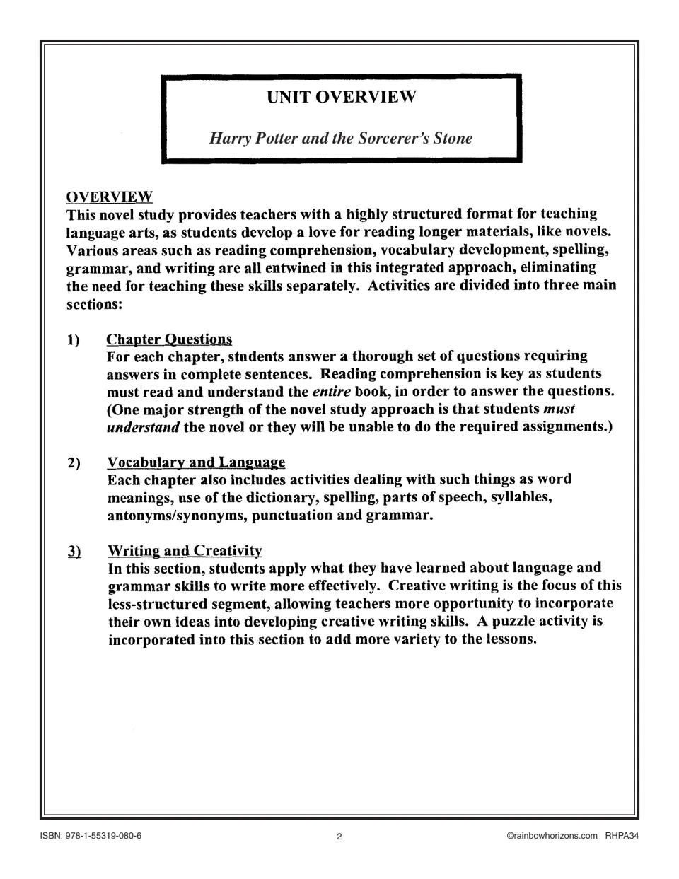 Novel study overview explains chapter questions, vocabulary and language work, and writing and creativity.