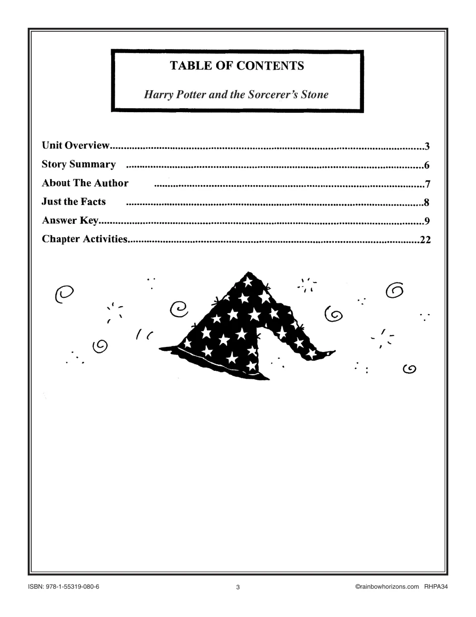 Novel study contents lists the unit overview, story summary, author background, facts, answers, and activities.