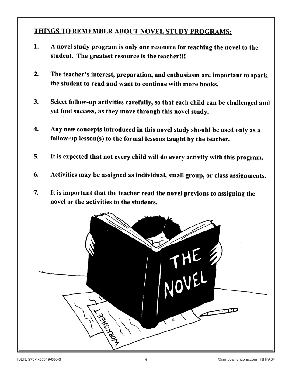 Novel study teacher guidance gives seven reminders about preparation, activity selection, and grouping.