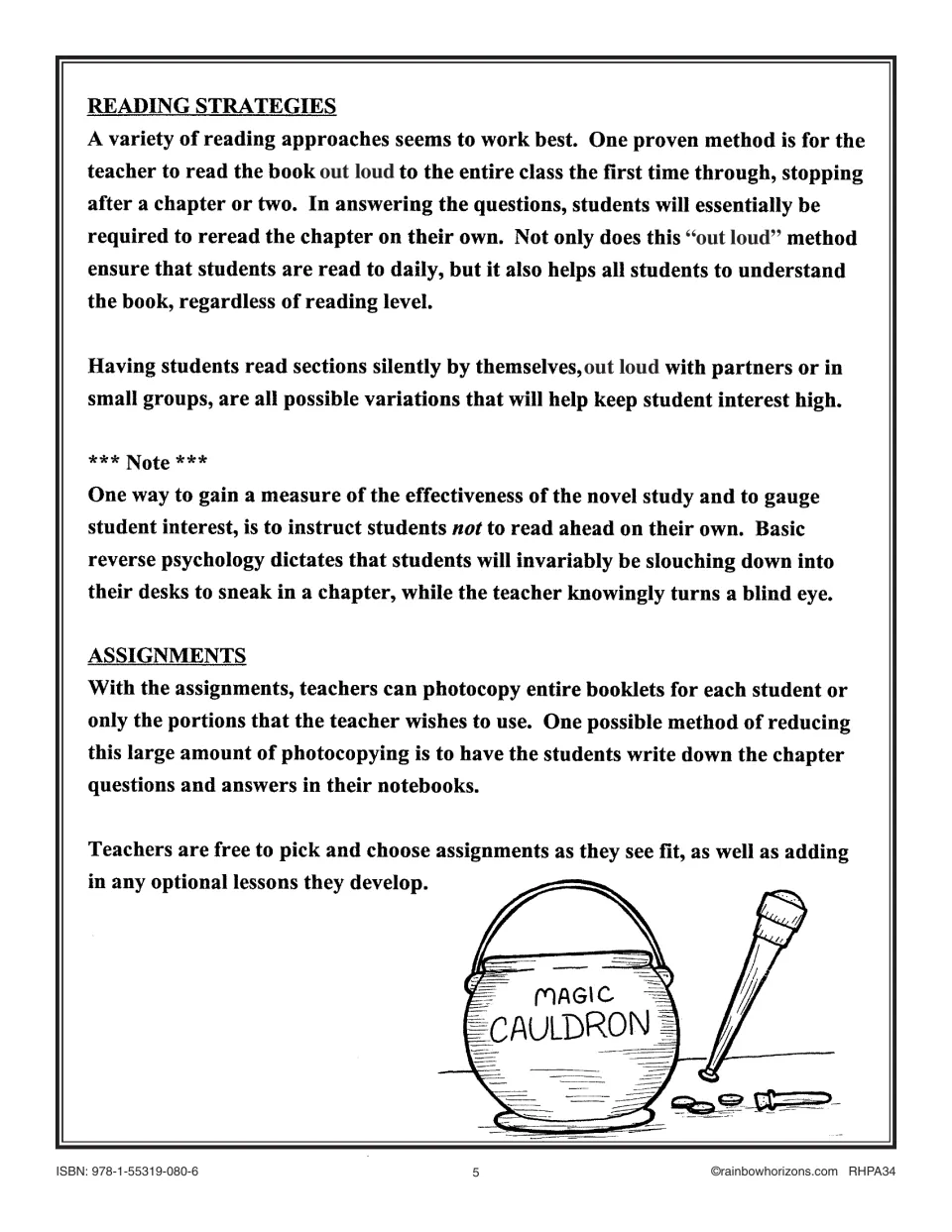 Novel study teaching notes explain read-aloud, partner, and silent reading, plus copying and choosing assignments.