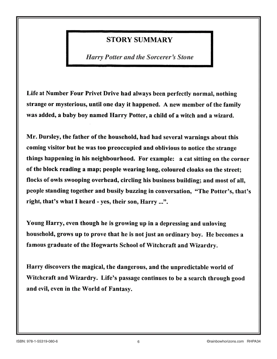Novel study story summary introduces Harry, the Dursleys, strange events on Privet Drive, and the magical world.
