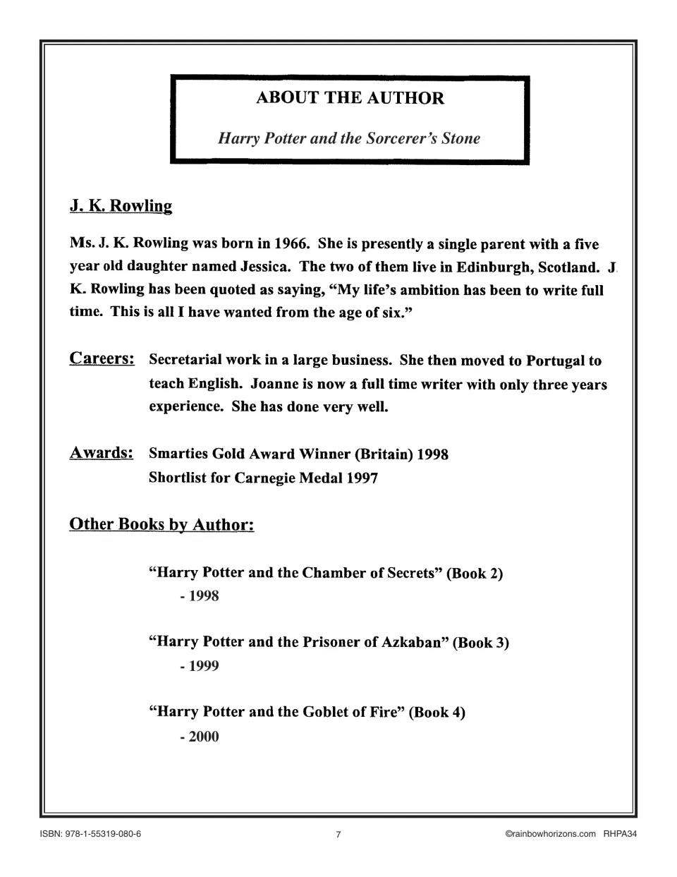 Novel study author background covers J. K. Rowling's life, careers, awards, and three other books in the series.