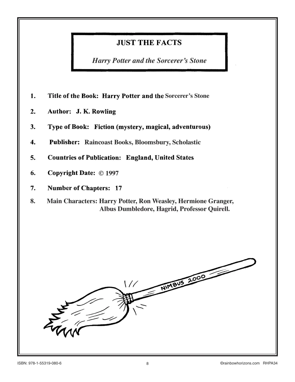 Novel study fact sheet lists the author, genre, publishers, publication countries, date, 17 chapters, and characters.