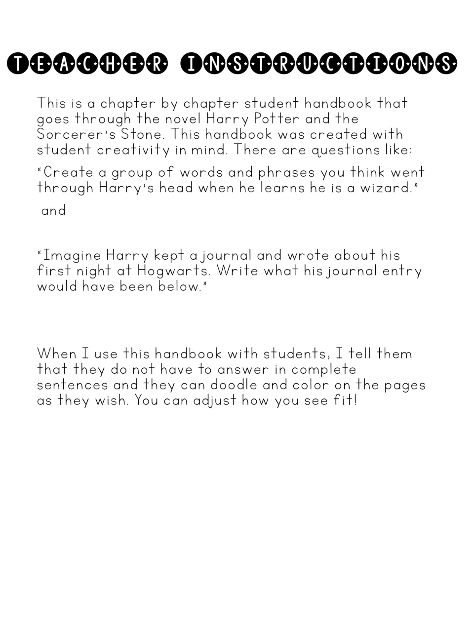 Teacher instructions for the handbook explain creative responses and allow students to doodle and color