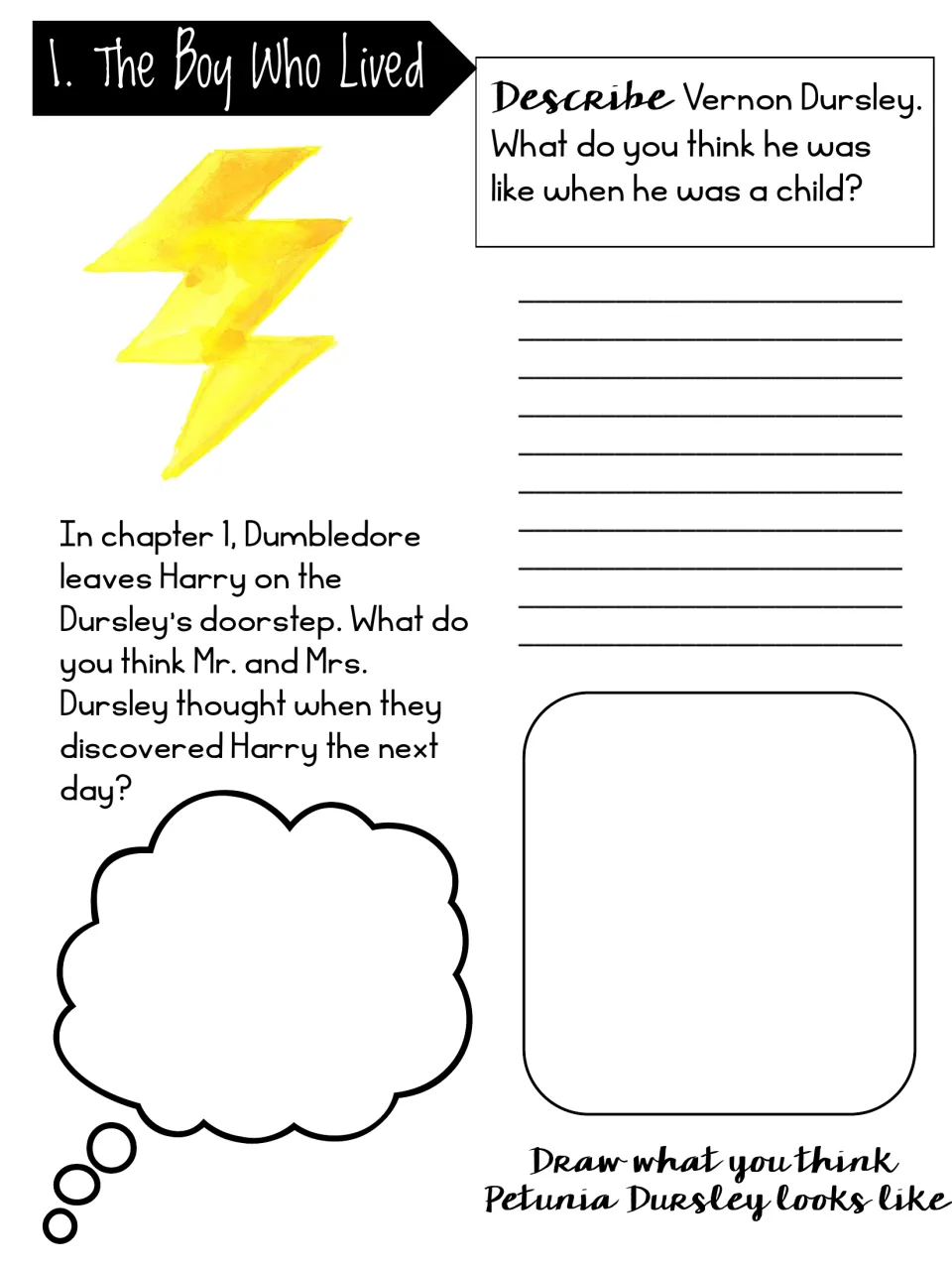 Chapter 1 response page asks students to describe Vernon, imagine the Dursleys' thoughts, and draw Petunia