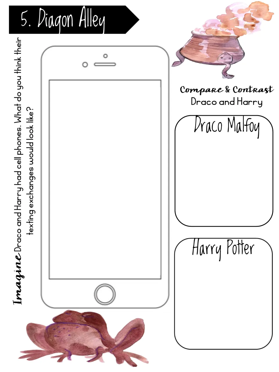 Chapter 5 response page asks students to imagine texts between Draco and Harry and compare the characters