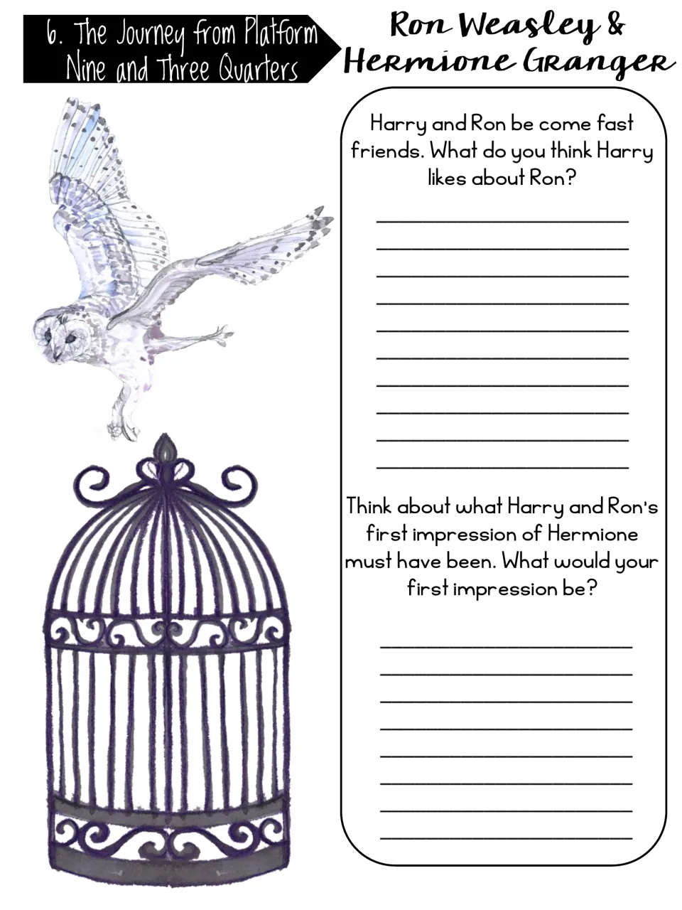 Chapter 6 response page asks what Harry likes about Ron and explores first impressions of Hermione