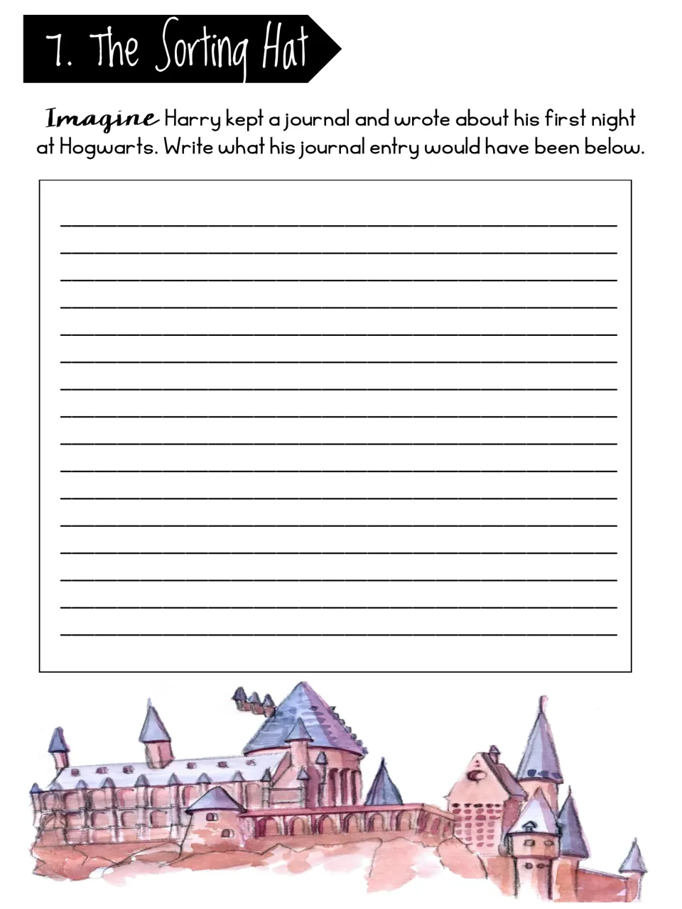 Chapter 7 creative writing page asks students to write Harry's journal entry about his first night at Hogwarts
