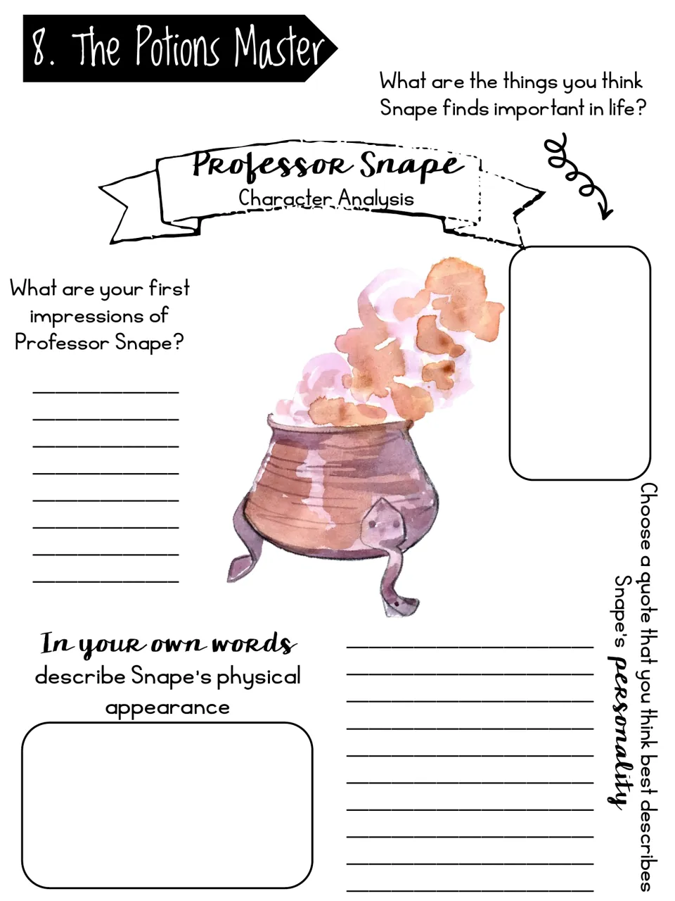 Chapter 8 character analysis asks about Snape's appearance, values, first impressions, and a revealing quote