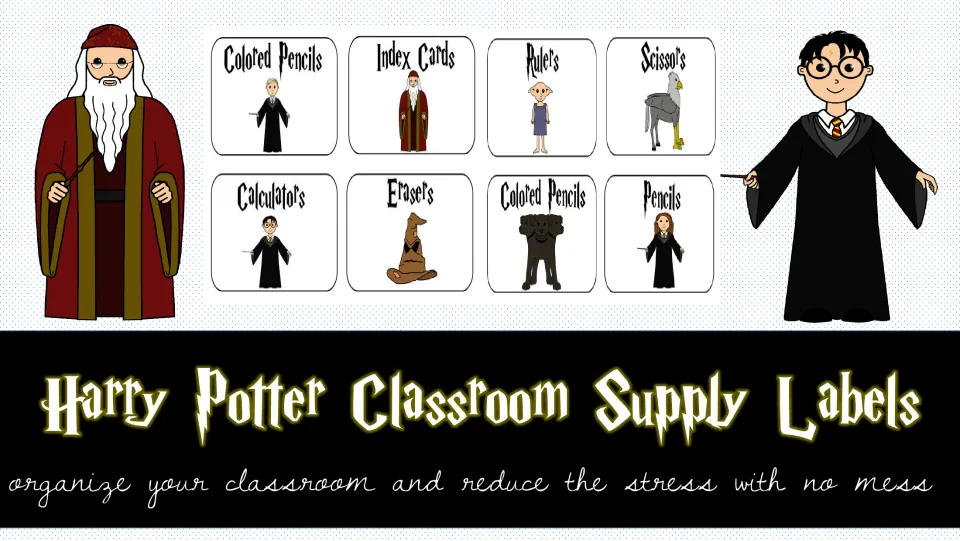 Harry Potter Classroom Supply Labels cover: eight sample cards like Rulers and Erasers beside two wizard characters