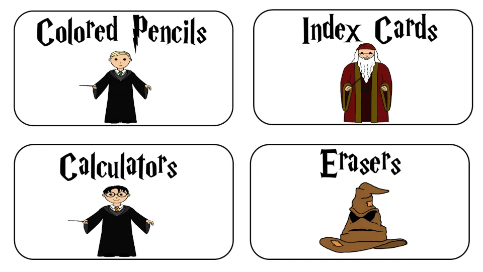 Supply labels for Colored Pencils, Index Cards, Calculators and Erasers, each with a wizard character or sorting hat
