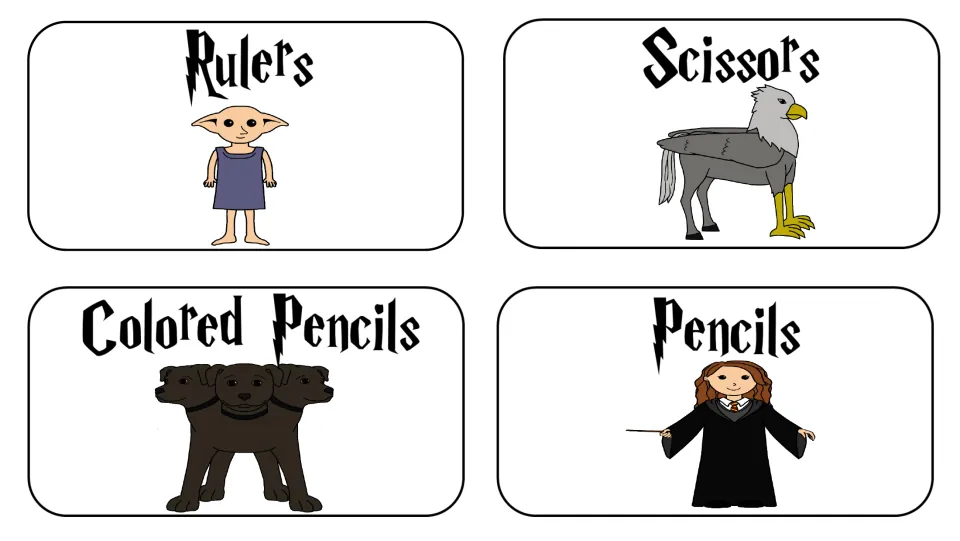 Supply labels for Rulers, Scissors, Colored Pencils and Pencils with a house-elf, hippogriff, three-headed dog and witch