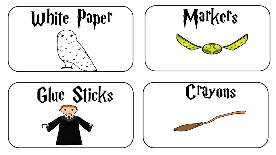 Supply labels for White Paper, Markers, Glue Sticks and Crayons, pictured with an owl, winged ball, student and broom