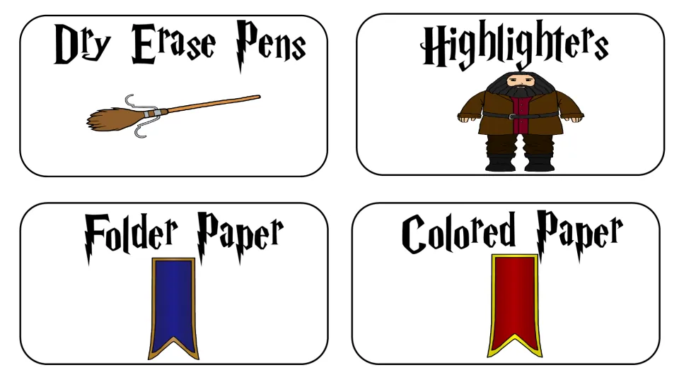 Supply labels for Dry Erase Pens, Highlighters, Folder Paper and Colored Paper with a broom, a giant and two house banners