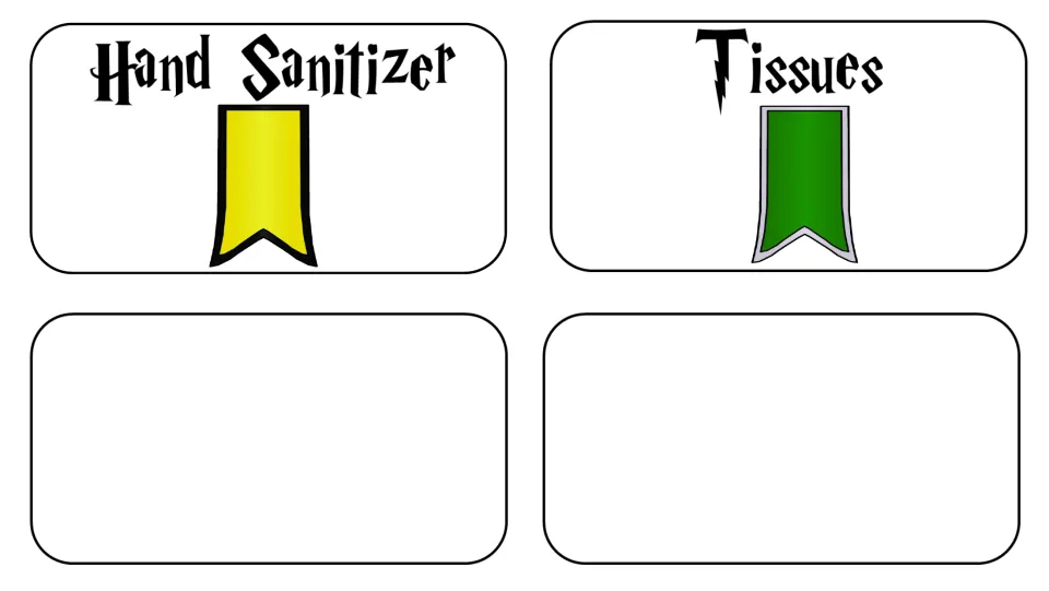Supply labels for Hand Sanitizer and Tissues with yellow and green banners, plus two blank labels to write your own