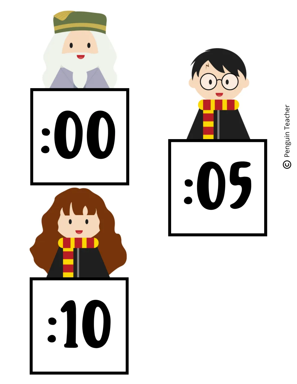 Clock labels 1–3 of 12 show :00, :05, and :10, marking five-minute increments for telling time.