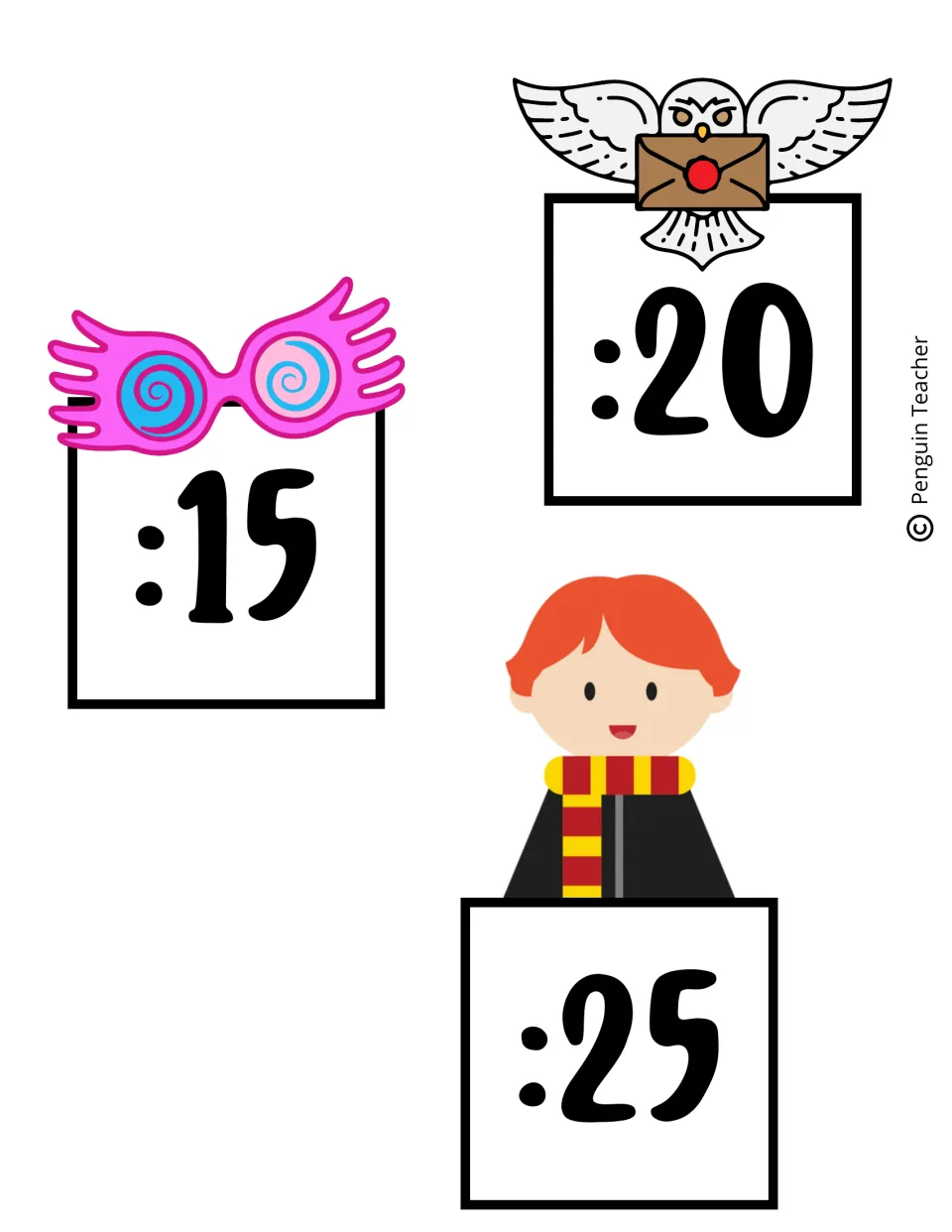 Clock labels 4–6 of 12 show :15, :20, and :25, marking five-minute increments for telling time.