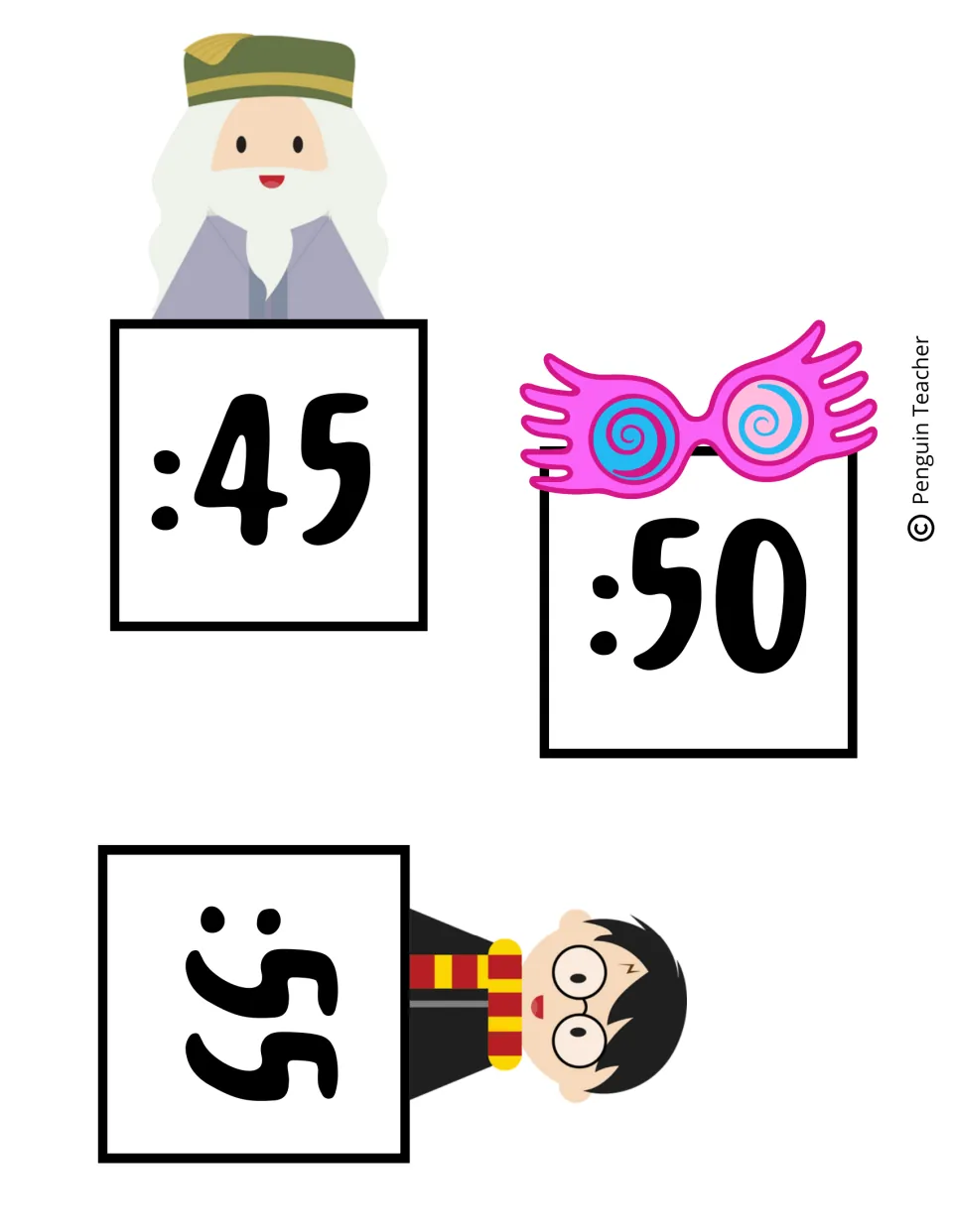 Clock labels 10–12 of 12 show :45, :50, and :55, marking five-minute increments for telling time.