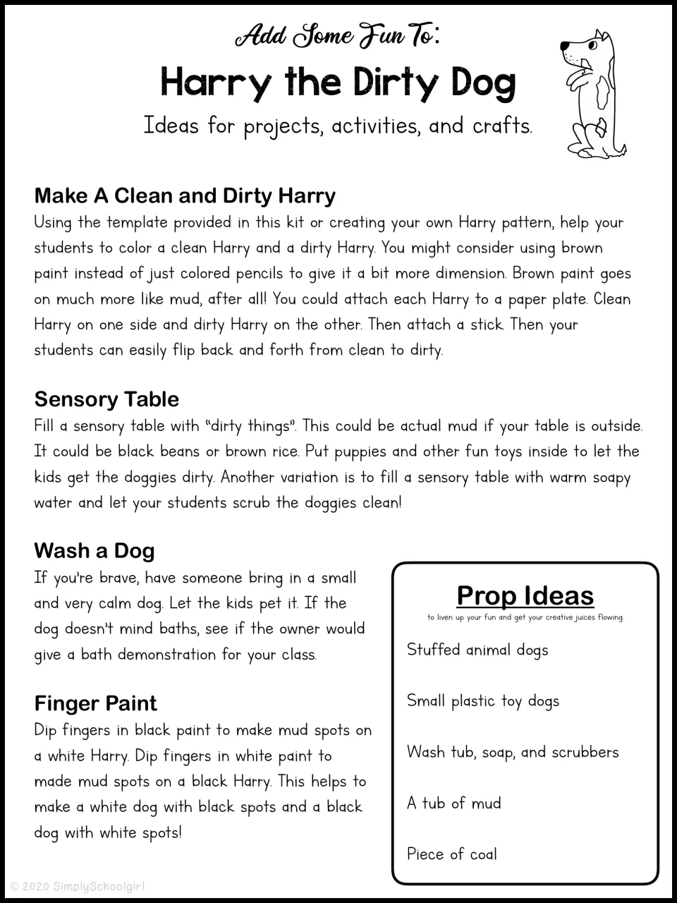 Extension ideas for the story: clean and dirty Harry paper plate craft, sensory table, dog wash visit, finger paint, props