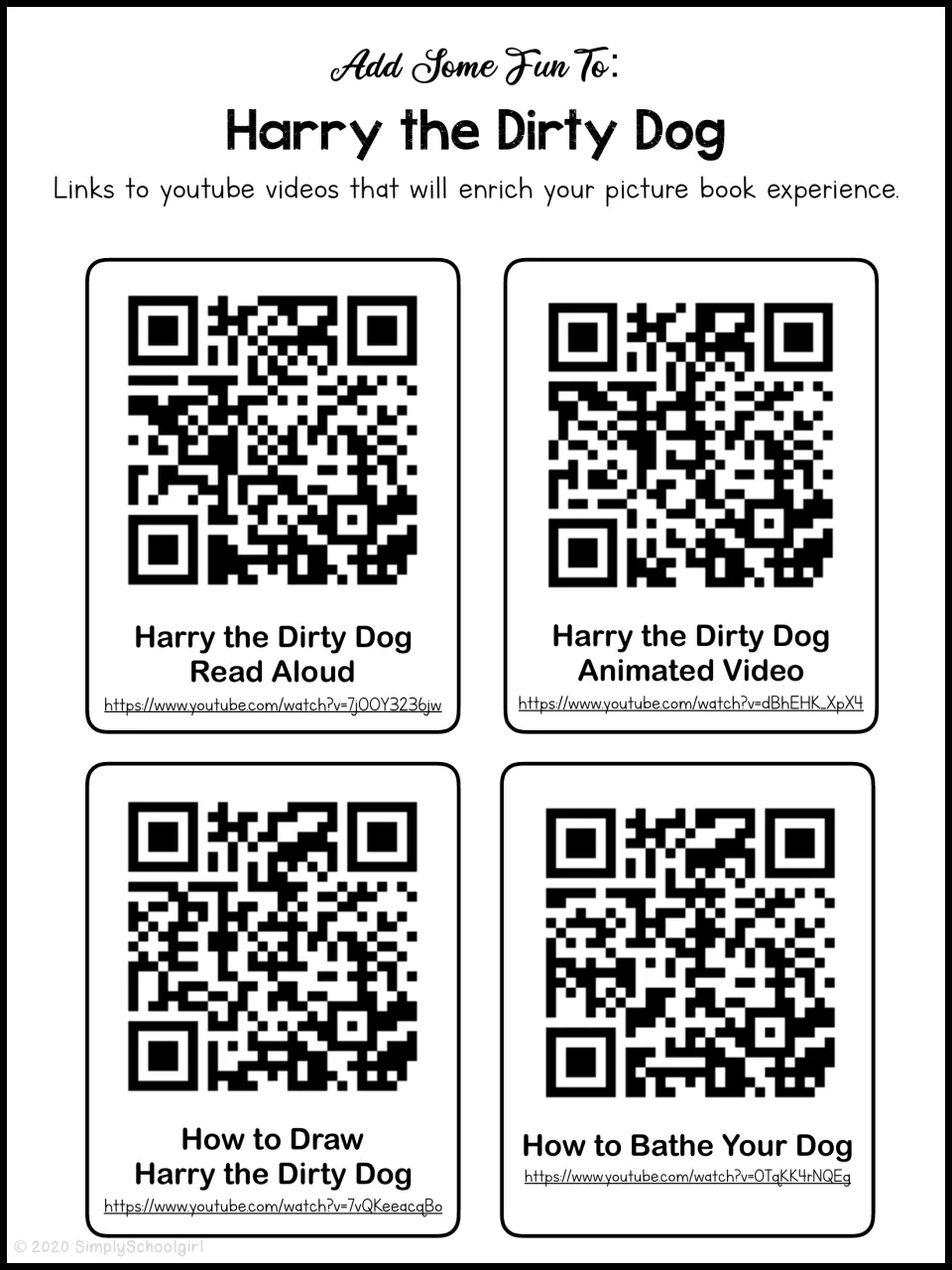 Video links: four QR codes for a read-aloud, animated version, how to draw Harry and how to bathe your dog