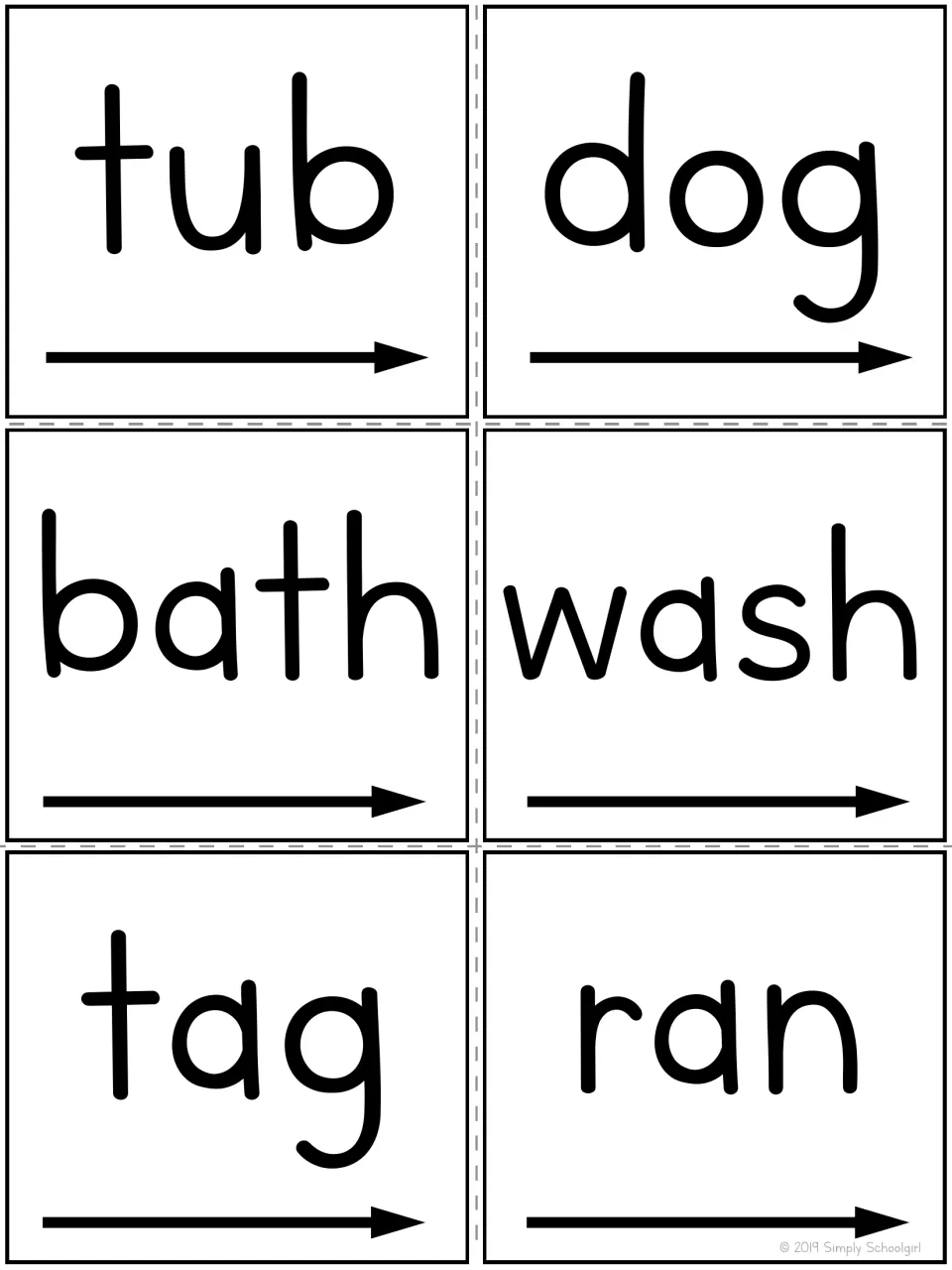 Story word cards to cut apart: tub, dog, bath, wash, tag and ran, each printed above a left-to-right reading arrow