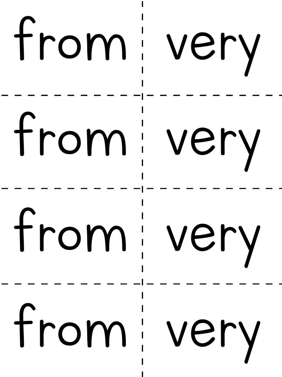 Sight word cards: the words from and very repeated four times each, ready to cut apart for word recognition practice