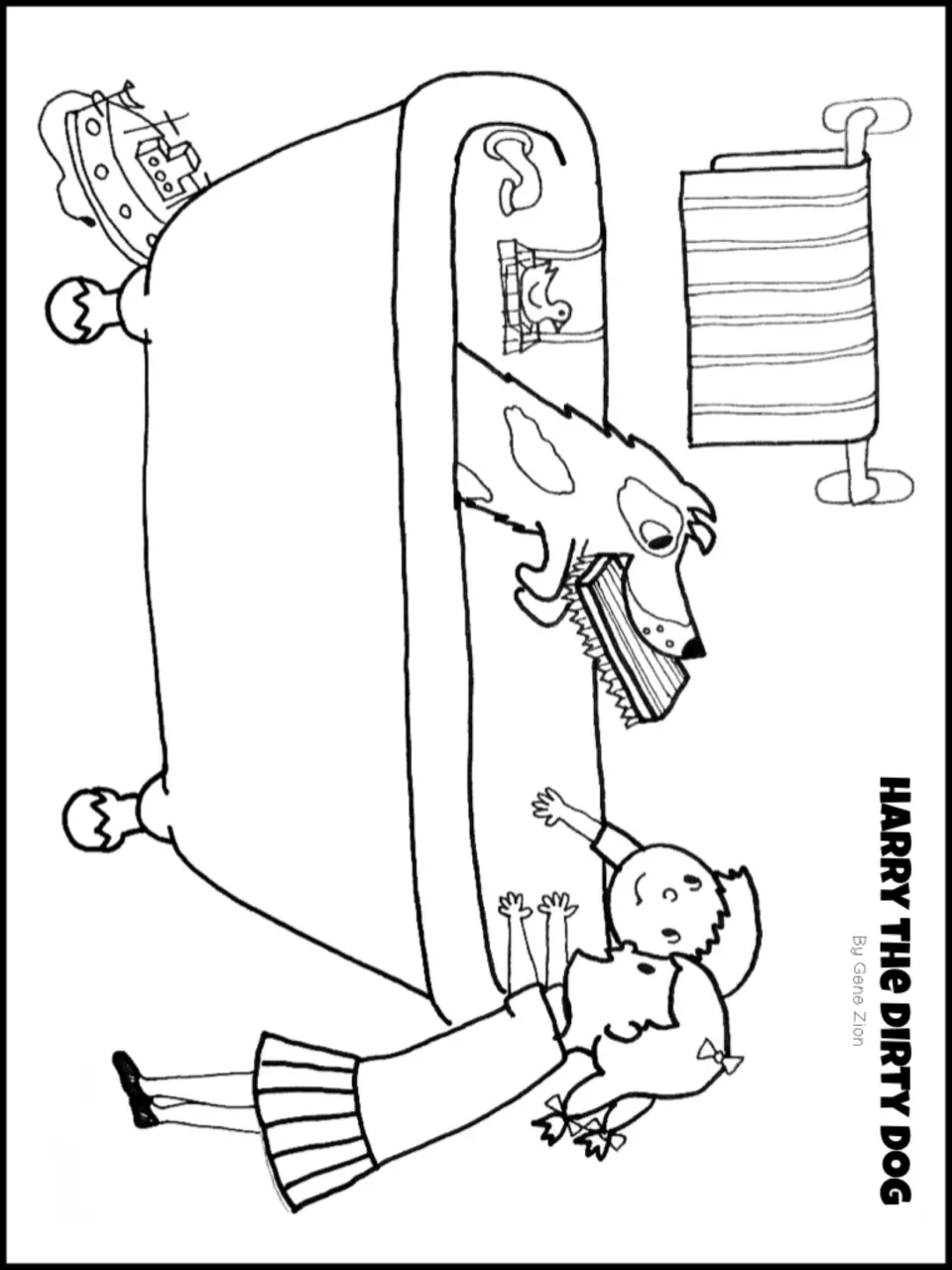 Colouring page: Harry in the tub holding the scrub brush in his mouth while two children reach toward him