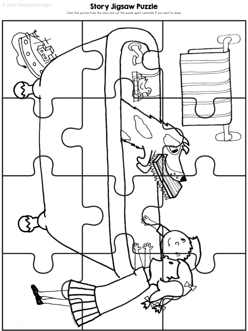 Story jigsaw puzzle: students colour the bathtub scene of Harry and the children, then cut it into 12 puzzle pieces