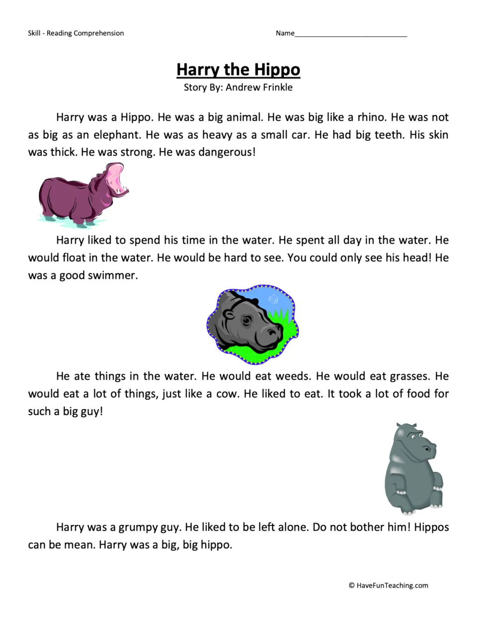 Reading passage about Harry, a large hippo, describing his size, time in the water, food, and grumpy behavior.