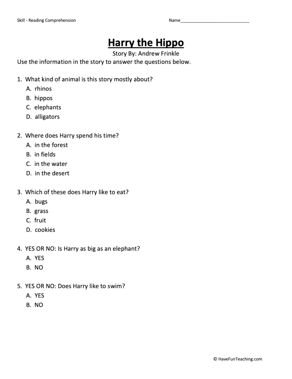 Five comprehension questions about the story's animal, Harry's habitat, food, size, and swimming.
