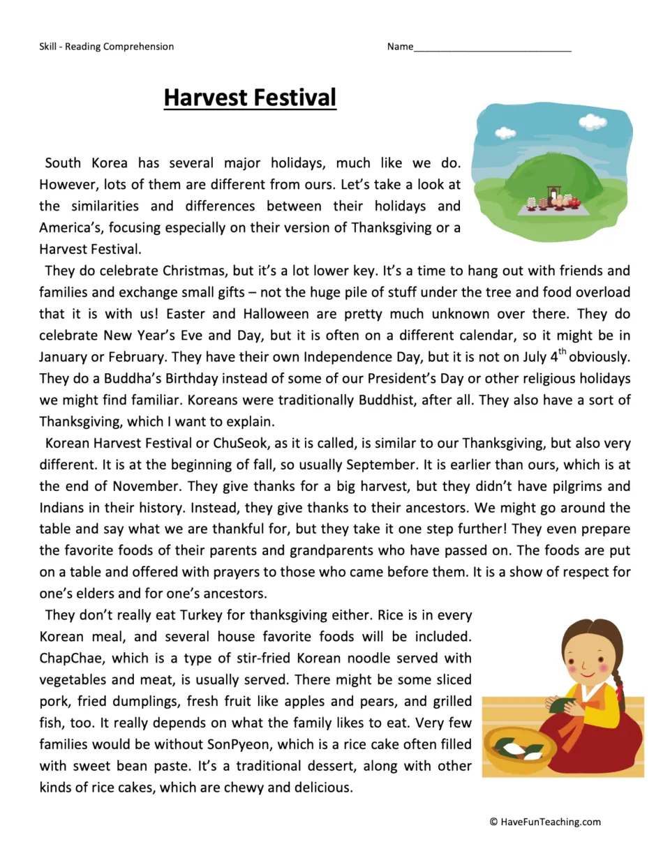 Reading passage, part 1: Korean Chuseok traditions, harvest foods, and comparisons with American holidays.