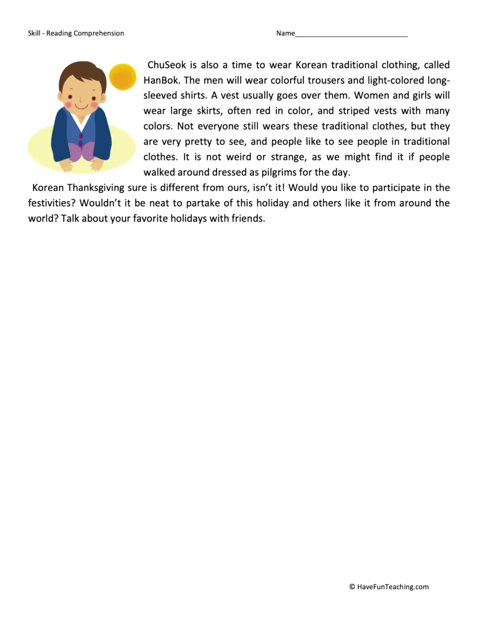 Reading passage, part 2: HanBok (traditional Korean clothing) and a closing prompt about favorite holidays.