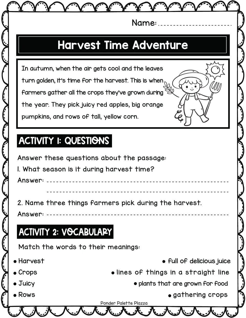 Harvest Time Adventure passage on autumn crops; students answer questions and match harvest, crops, juicy, rows to meanings