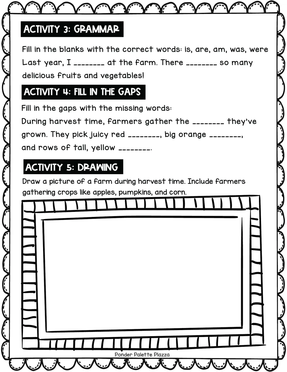 Harvest follow-up: students fill blanks with is, are, am, was or were, complete the passage cloze and draw a farm harvest