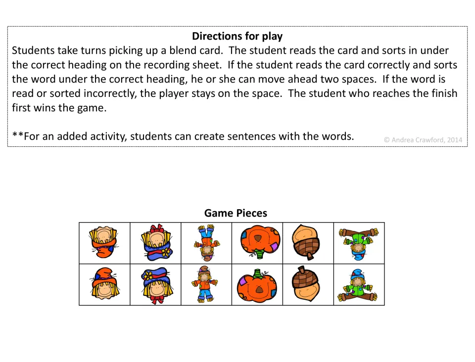 Game directions: students read a blend card, sort it on a recording sheet and move ahead two spaces if correct; 12 pawns