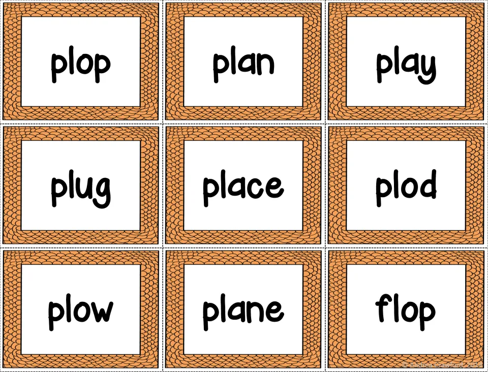 Pl blend word cards: plop, plan, play, plug, place, plod, plow and plane, plus the fl word flop, to read and sort