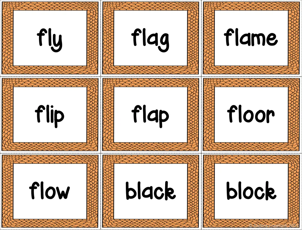 Fl blend word cards: fly, flag, flame, flip, flap, floor and flow, plus the bl words black and block, to read and sort