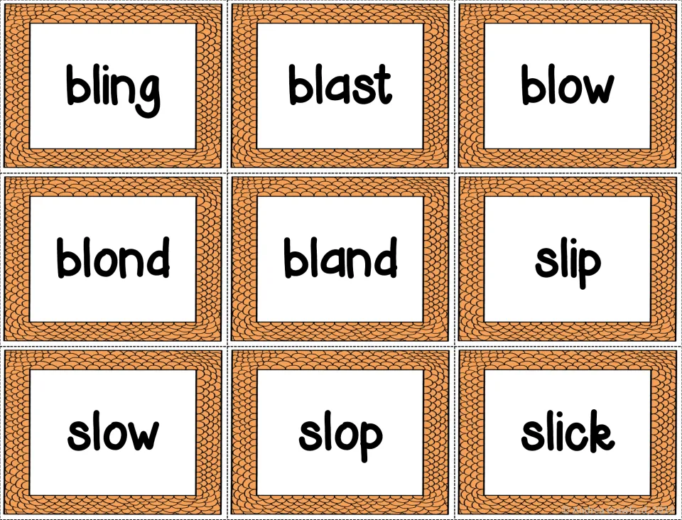 Bl and sl blend word cards: bling, blast, blow, blond and bland, plus slip, slow, slop and slick, to sort by blend