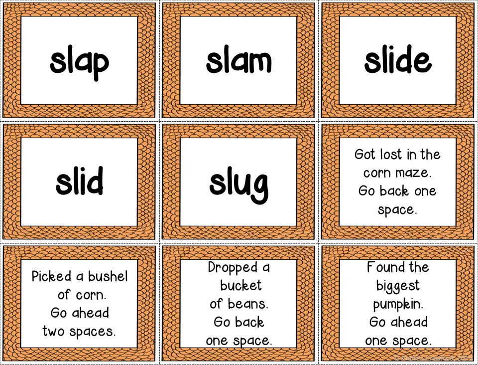 Sl word cards slap, slam, slide, slid and slug, plus four harvest move cards like Dropped a bucket of beans; go back one
