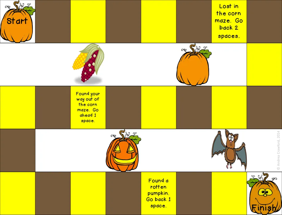 Fall game board from Start to Finish with pumpkins, corn and a bat; spaces include Lost in the corn maze. Go back 2 spaces