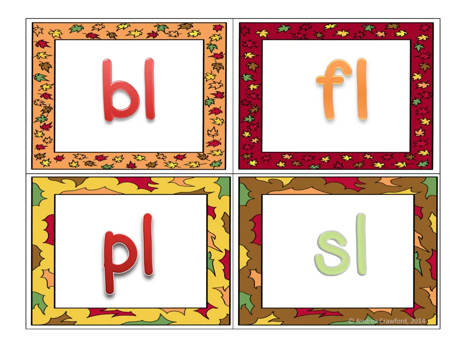 Blend header cards for bl, fl, pl and sl, each on a fall leaf card, used as sorting headings for the word cards