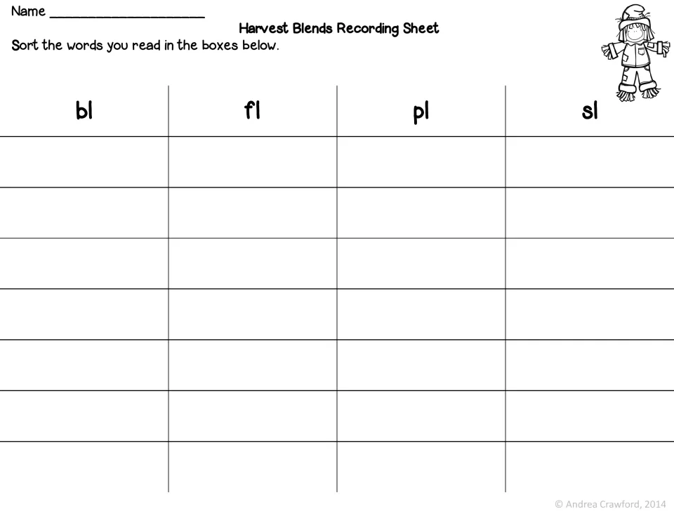 Harvest Blends Recording Sheet: students write each word they read under the bl, fl, pl or sl heading while they play