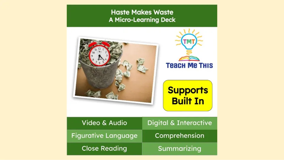 Haste Makes Waste cover introduces a micro-learning deck on figurative language, reading, and summarizing
