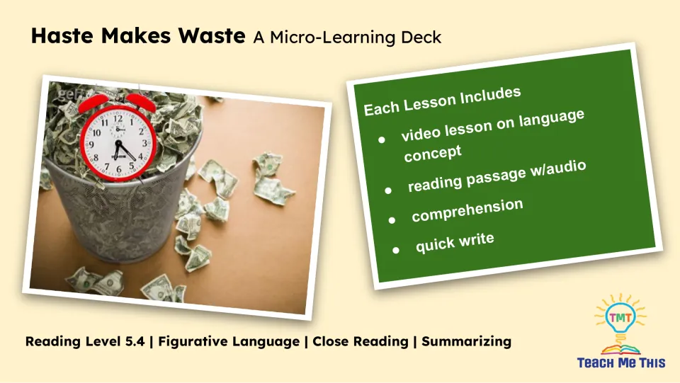 Lesson overview lists a language concept video, reading passage with audio, comprehension, and quick write