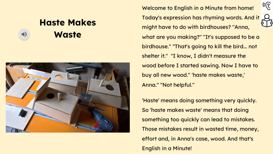 Reading passage with audio explains how rushing leads to mistakes through Anna's birdhouse-building example