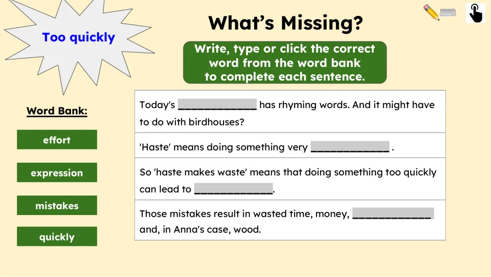 Fill-in-the-blank practice uses effort, expression, mistakes, and quickly to complete four passage sentences