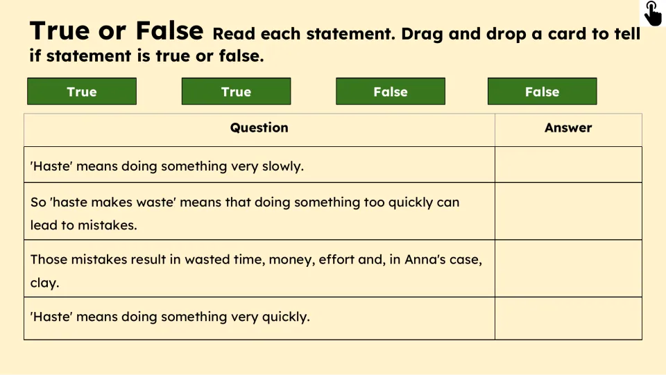 True-or-false practice asks students to classify four statements about haste, mistakes, and wasted materials